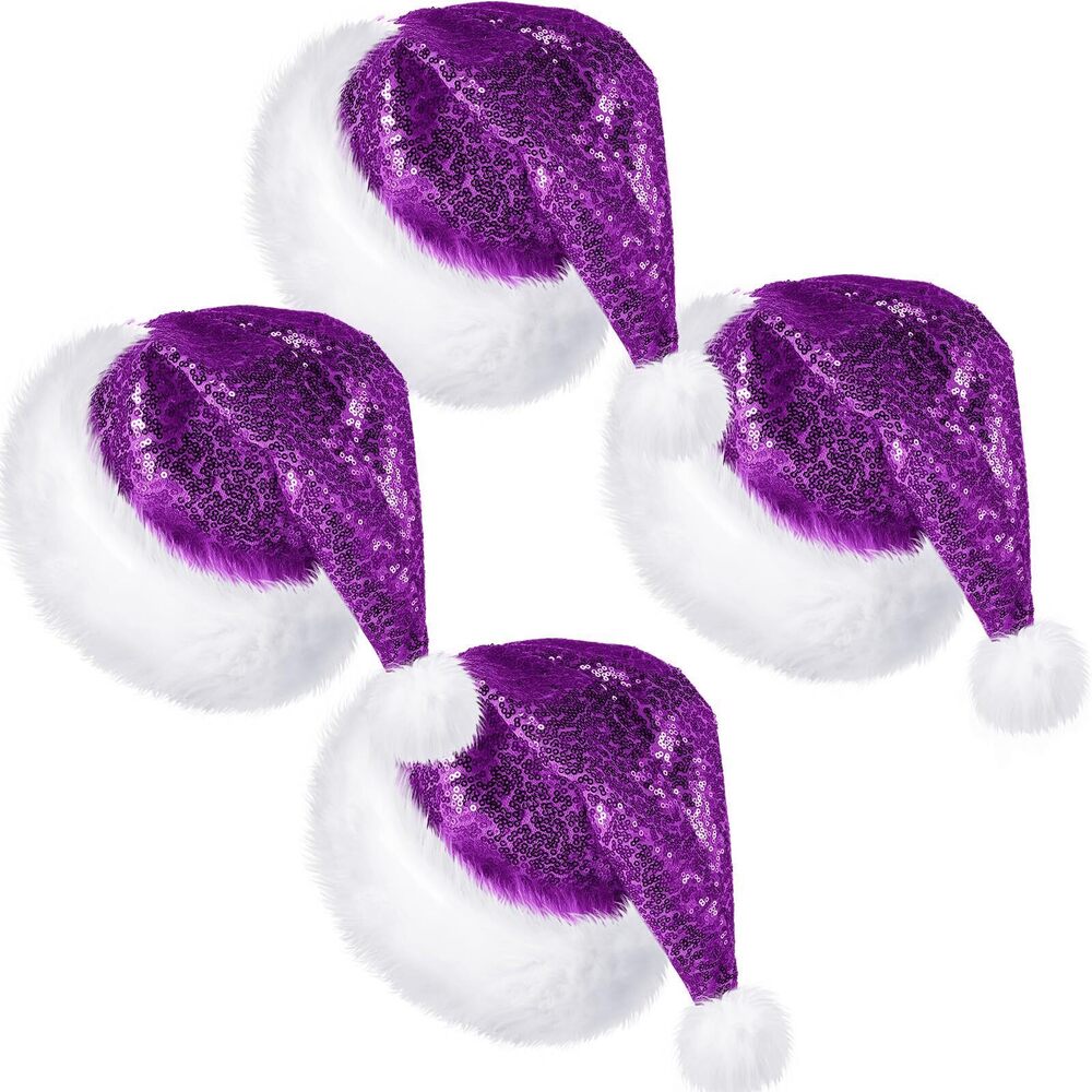 3130 4 Pcs Adult Sequin Santa Hat Unisex Shiny Christmas Santa Claus Hat